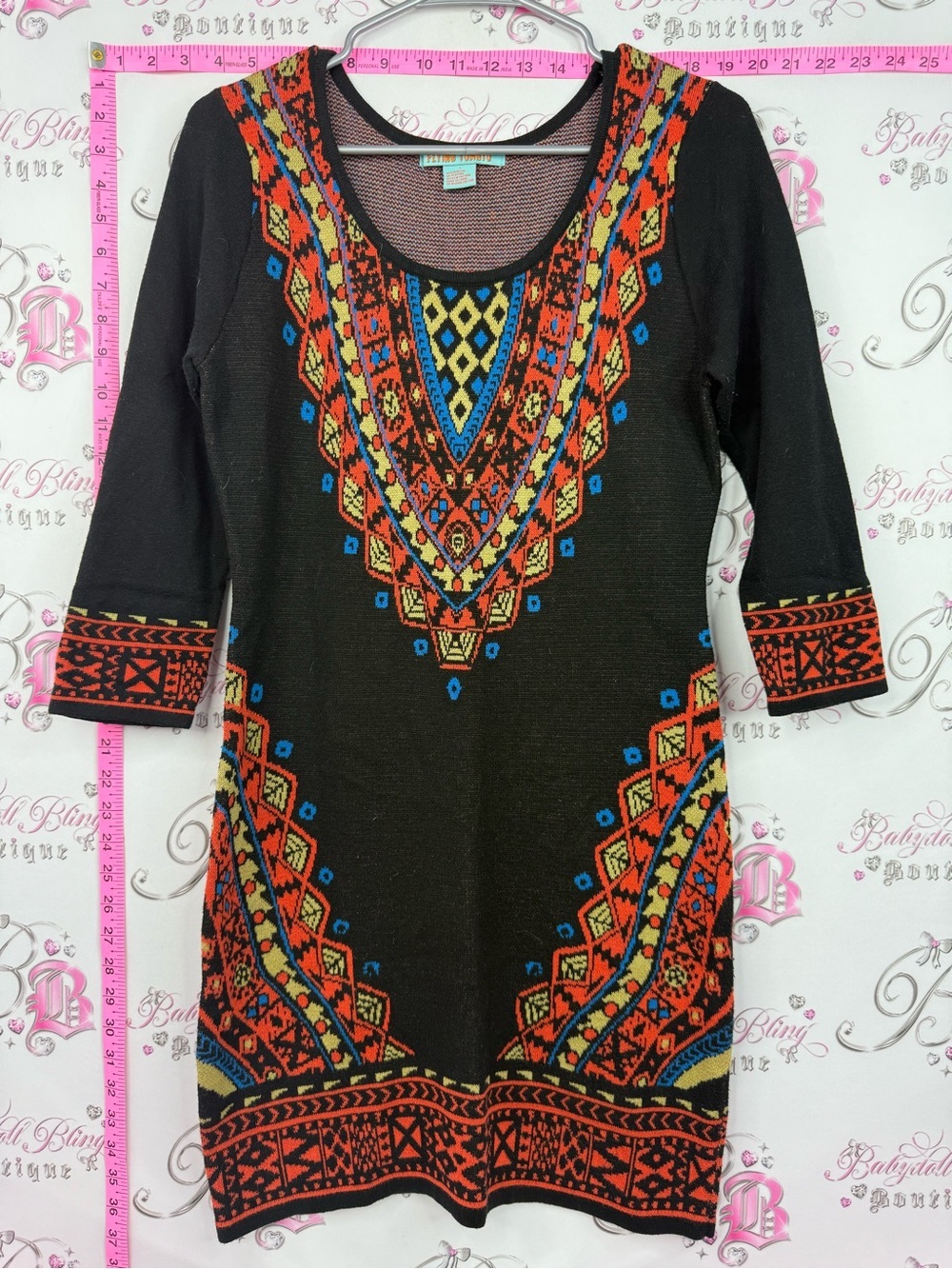 Flying Tomato Black Tunic Dress with orange, Blue and Yellow Tribal Motif